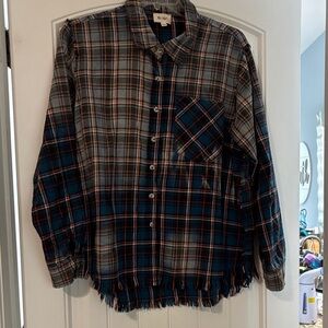 BiBi Plaid Button Down Shirt - Blue, Red, White